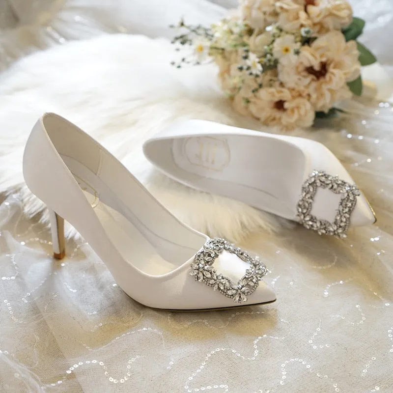 Purpdrank - Fashion Elegant Luxury Pointed Toe Stiletto Rhinestone Decoration High Heels White Bridal Shoes Dress Party Shoes Zapatos Tacon