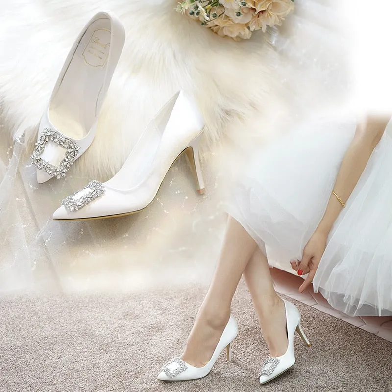 Purpdrank - Fashion Elegant Luxury Pointed Toe Stiletto Rhinestone Decoration High Heels White Bridal Shoes Dress Party Shoes Zapatos Tacon
