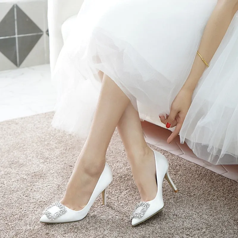Purpdrank - Fashion Elegant Luxury Pointed Toe Stiletto Rhinestone Decoration High Heels White Bridal Shoes Dress Party Shoes Zapatos Tacon
