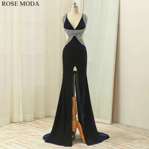 Rosemoda Beaded Velvet Slit Long Prom Dress