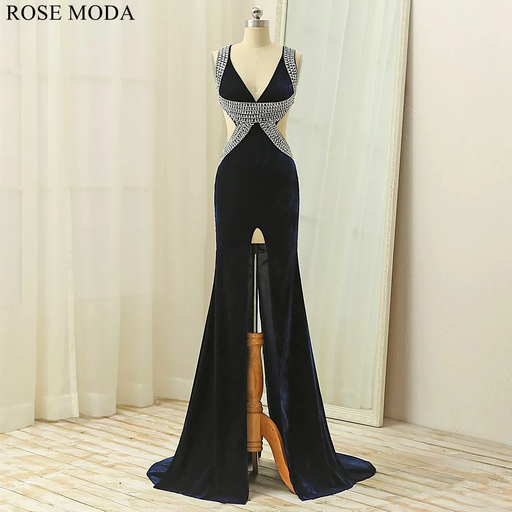 Rosemoda Beaded Velvet Slit Long Prom Dress