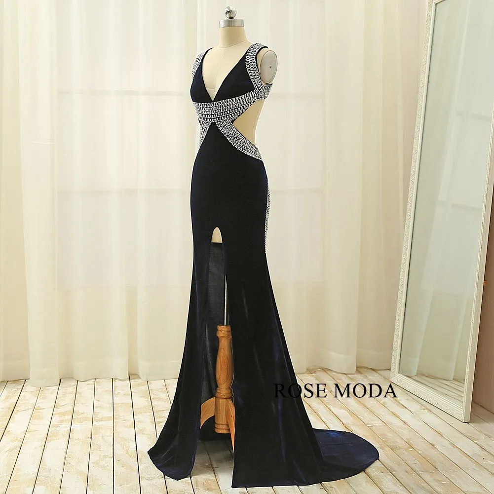 Rosemoda Beaded Velvet Slit Long Prom Dress
