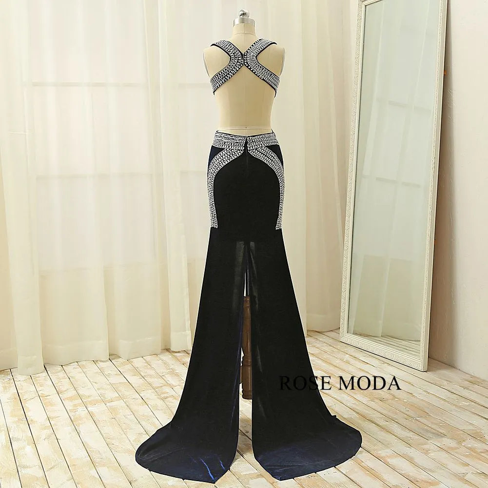 Rosemoda Beaded Velvet Slit Long Prom Dress