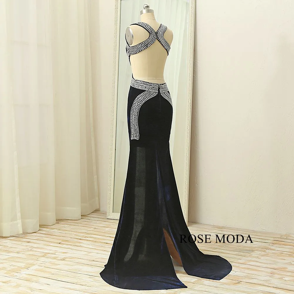 Rosemoda Beaded Velvet Slit Long Prom Dress