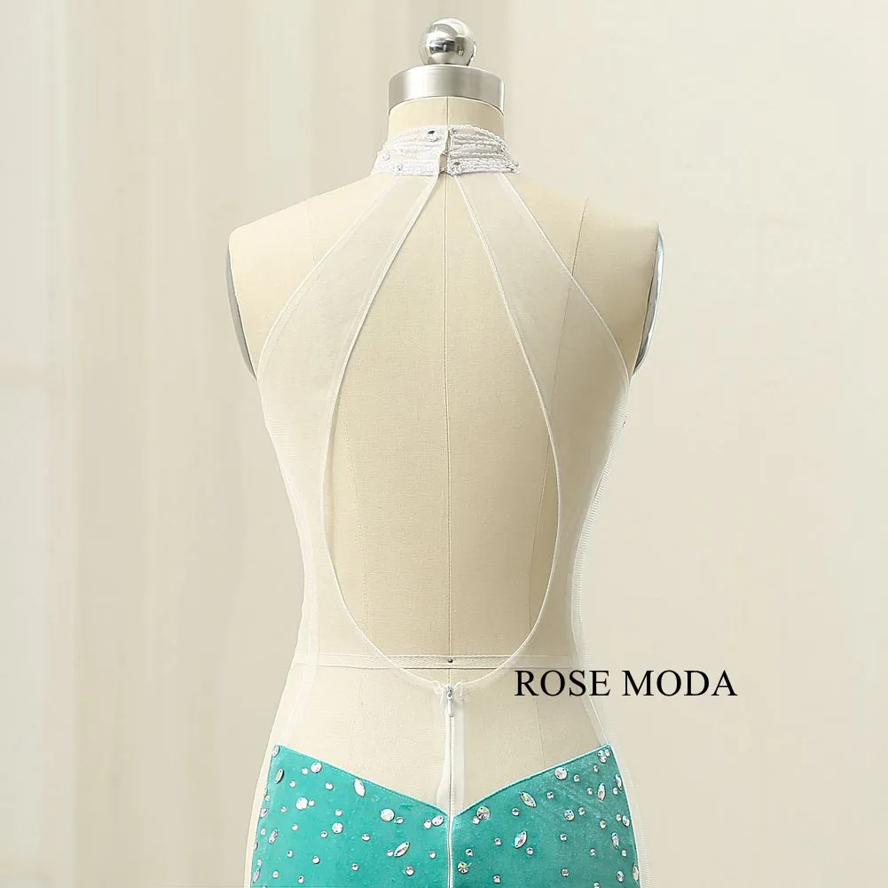Rosemoda Delicate Crystal Illusion Sheath Velvet Long Evening Dress