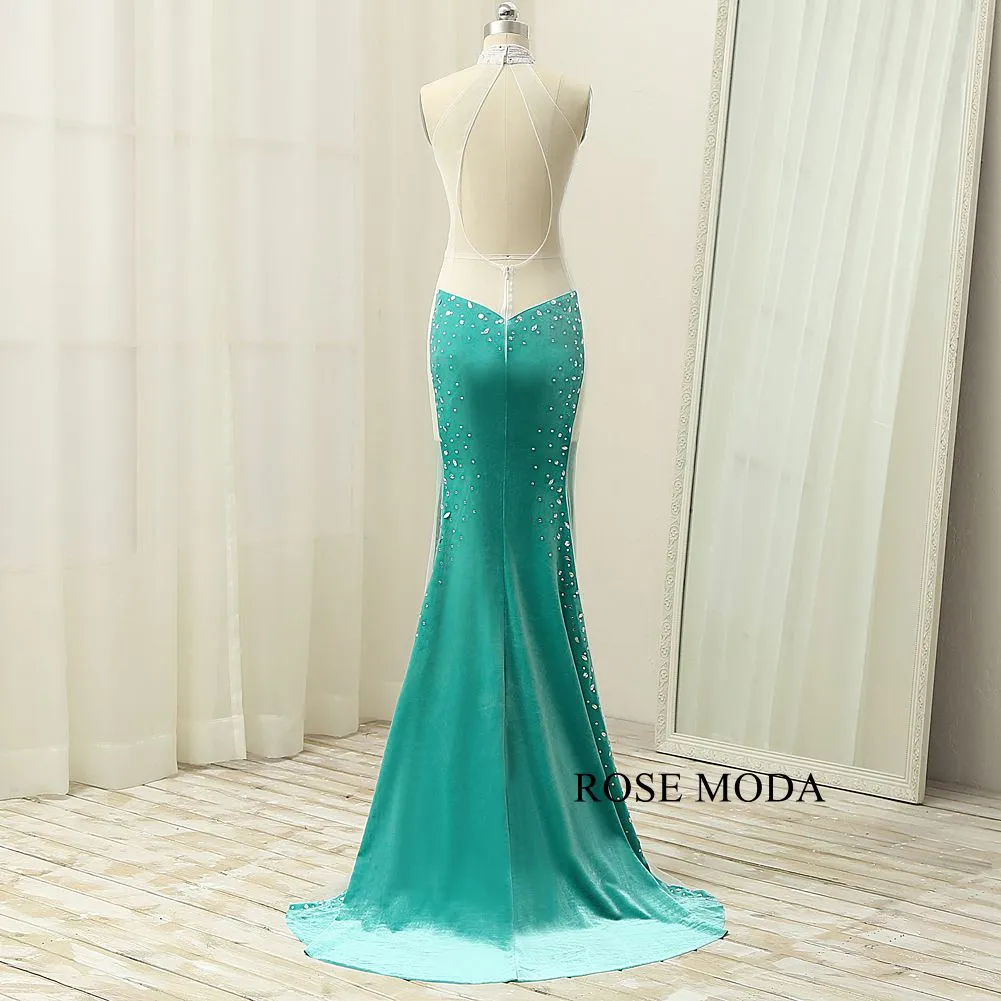 Rosemoda Delicate Crystal Illusion Sheath Velvet Long Evening Dress