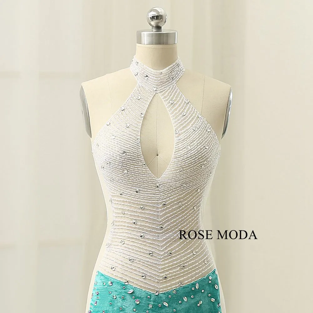 Rosemoda Delicate Crystal Illusion Sheath Velvet Long Evening Dress