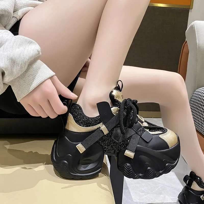 Sohiwoo  Mix Color Chunky Bottom Vulcanize Shoes Women Bling Sequins Platform Sneakers Woman Lace-Up Non-Slip Walking Shoes Female