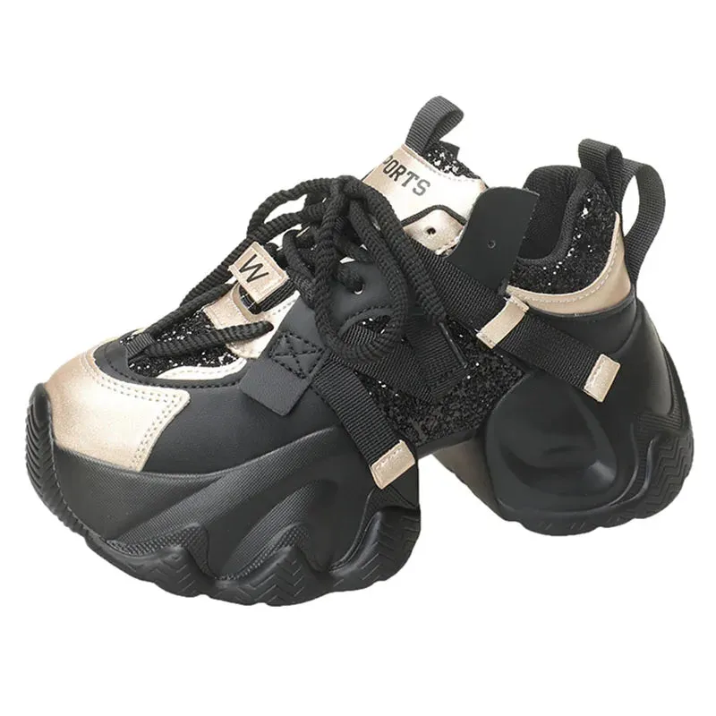 Sohiwoo  Mix Color Chunky Bottom Vulcanize Shoes Women Bling Sequins Platform Sneakers Woman Lace-Up Non-Slip Walking Shoes Female