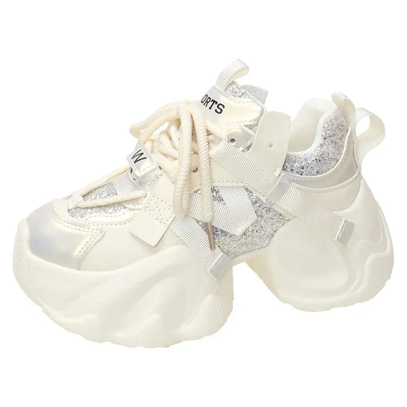Sohiwoo  Mix Color Chunky Bottom Vulcanize Shoes Women Bling Sequins Platform Sneakers Woman Lace-Up Non-Slip Walking Shoes Female