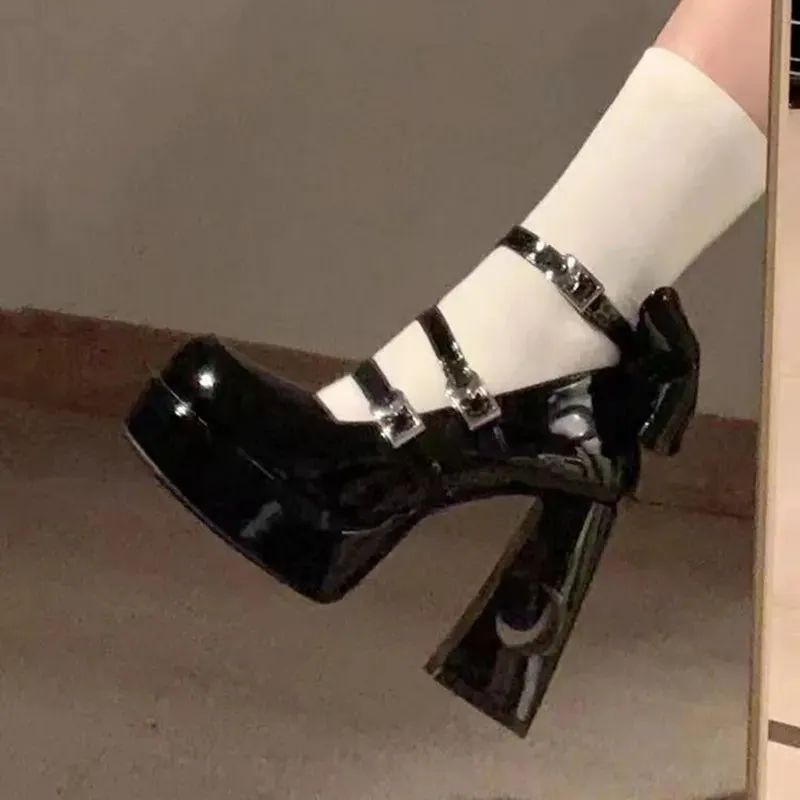Sohiwoo Y2k Chunky Platform High Heels Pumps Women  Spring Punk Thick Heel Mary Jane Lolita Shoes Woman Patent Leather Cosplay Shoes