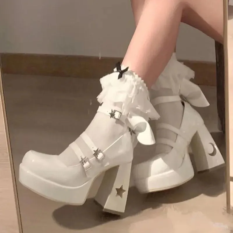 Sohiwoo Y2k Chunky Platform High Heels Pumps Women  Spring Punk Thick Heel Mary Jane Lolita Shoes Woman Patent Leather Cosplay Shoes