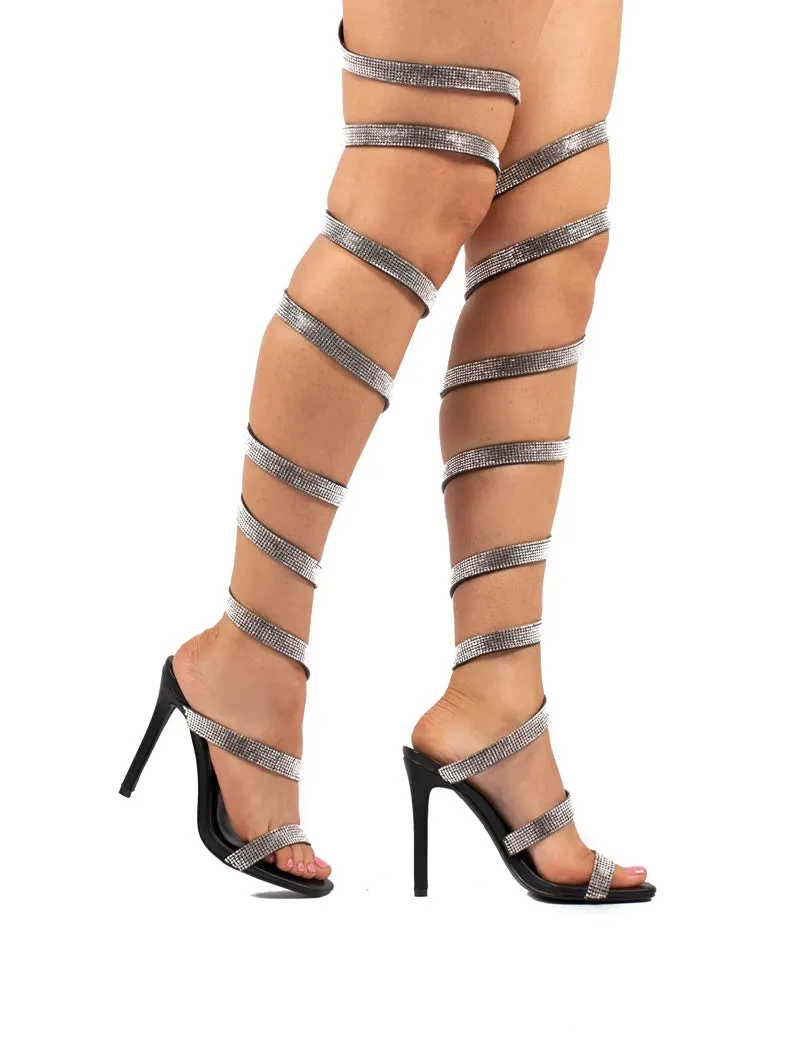 Stunner Diamante Black Thigh High Wrap Around High Heels