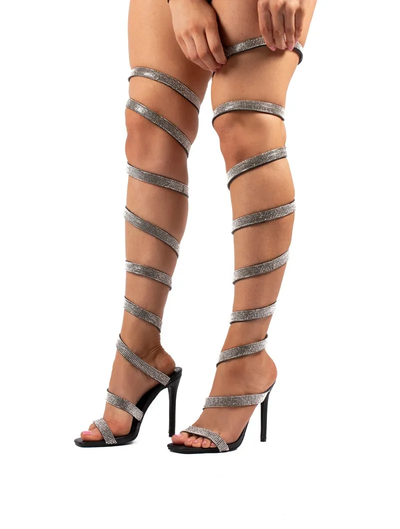 Stunner Diamante Black Thigh High Wrap Around High Heels