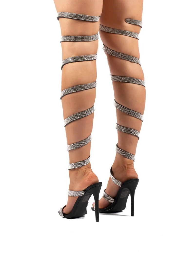Stunner Diamante Black Thigh High Wrap Around High Heels