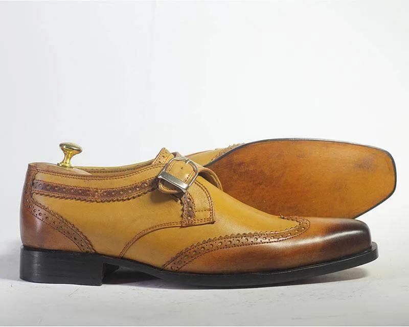 Stylish Handmade Men's Tan Wing Tip Leather Monk Strap Shoes, Men Buckle Designer Shoes