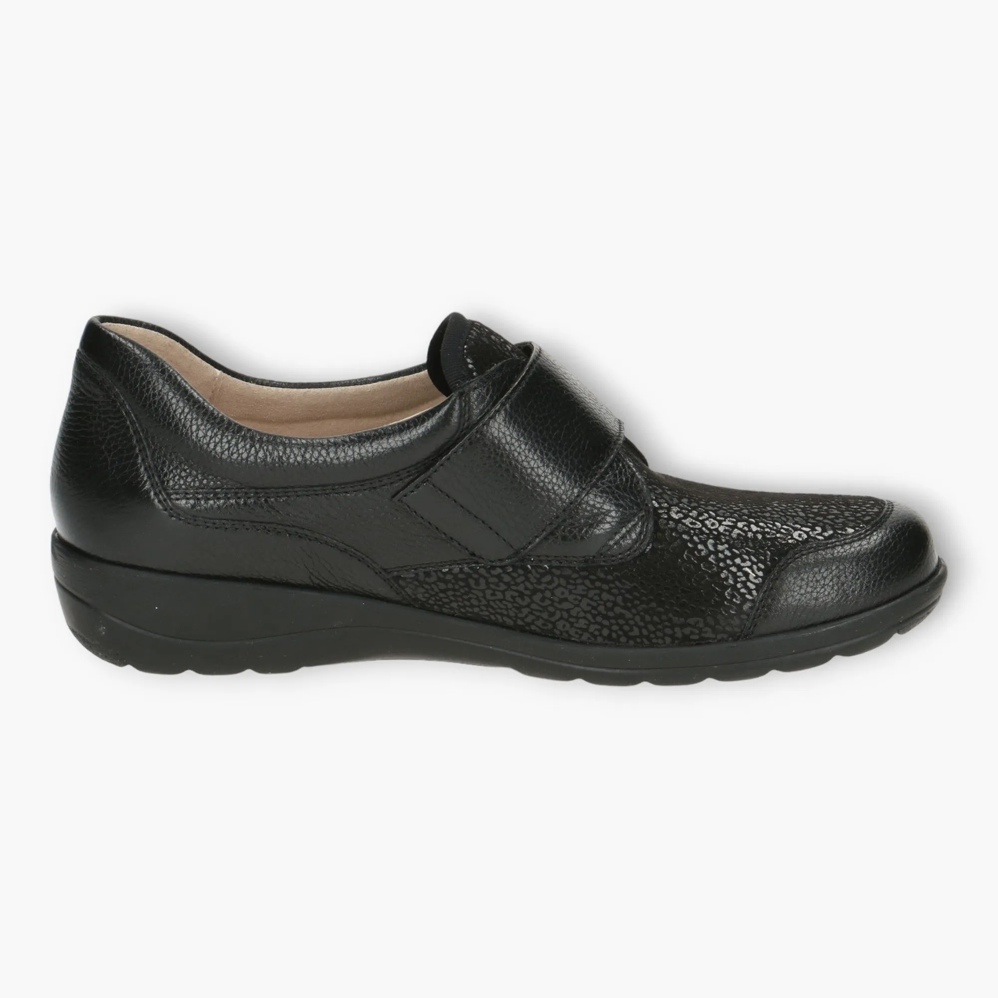 Wide Fitting Black Velcro Slip-On Shoes for Women - Caprice