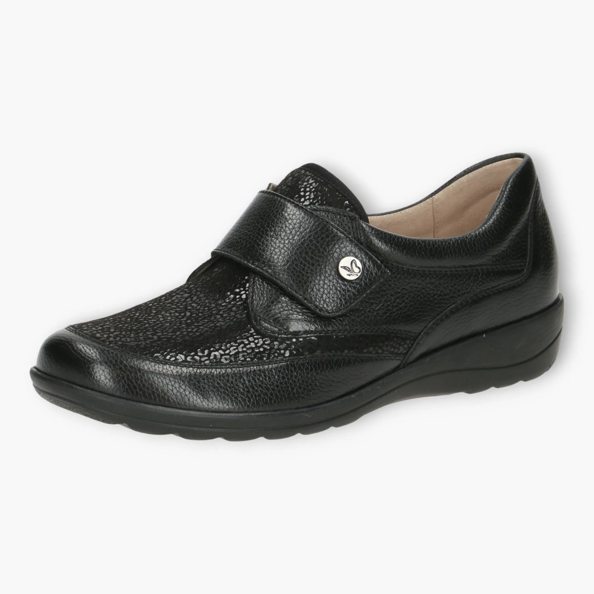 Wide Fitting Black Velcro Slip-On Shoes for Women - Caprice