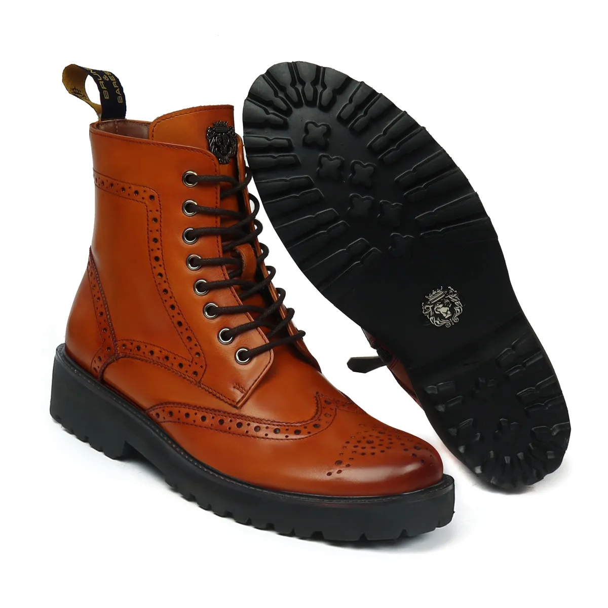 Wingtip Full Punching Brogue Men's Boots in Tan Leather Light Weight By Brune & Bareskin