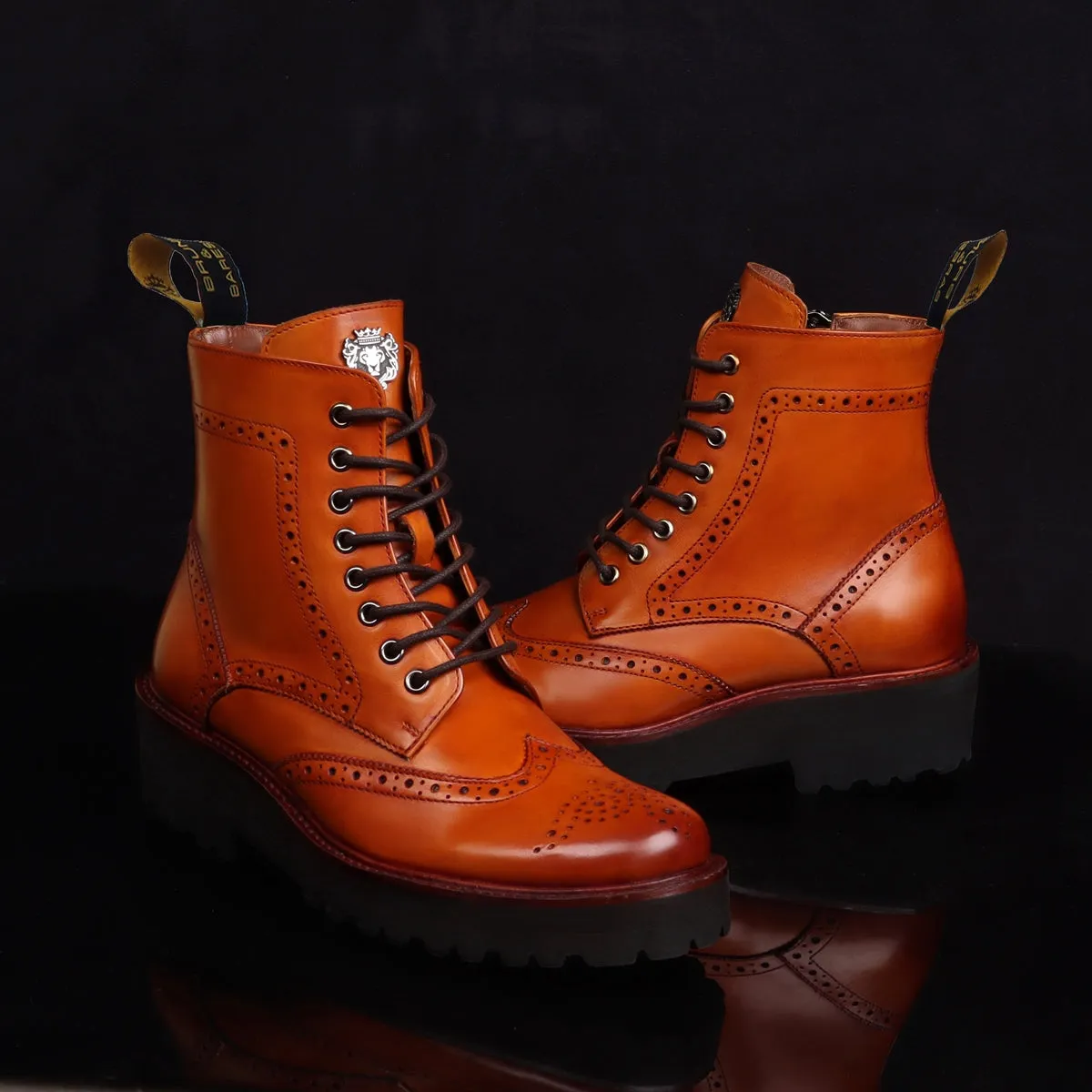 Wingtip Full Punching Brogue Men's Boots in Tan Leather Light Weight By Brune & Bareskin