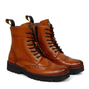 Wingtip Full Punching Brogue Men's Boots in Tan Leather Light Weight By Brune & Bareskin