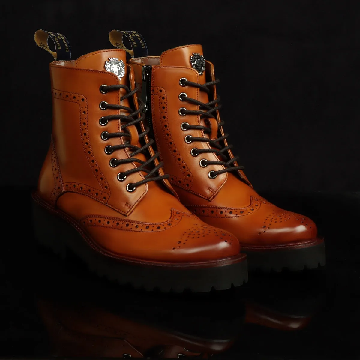 Wingtip Full Punching Brogue Men's Boots in Tan Leather Light Weight By Brune & Bareskin