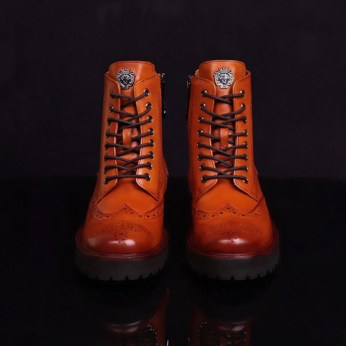 Wingtip Full Punching Brogue Men's Boots in Tan Leather Light Weight By Brune & Bareskin