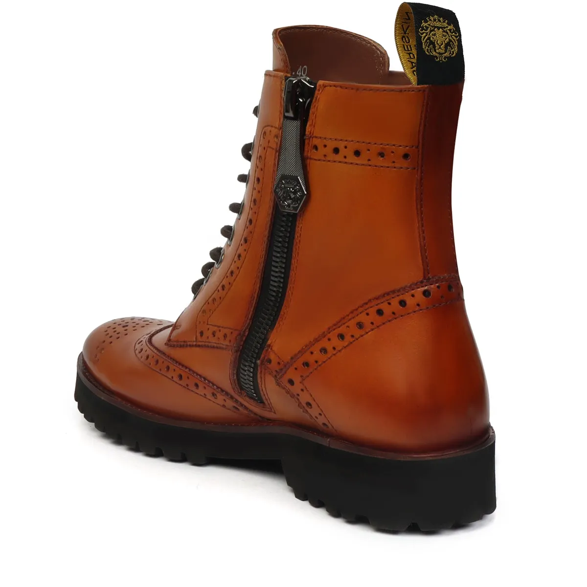 Wingtip Full Punching Brogue Men's Boots in Tan Leather Light Weight By Brune & Bareskin