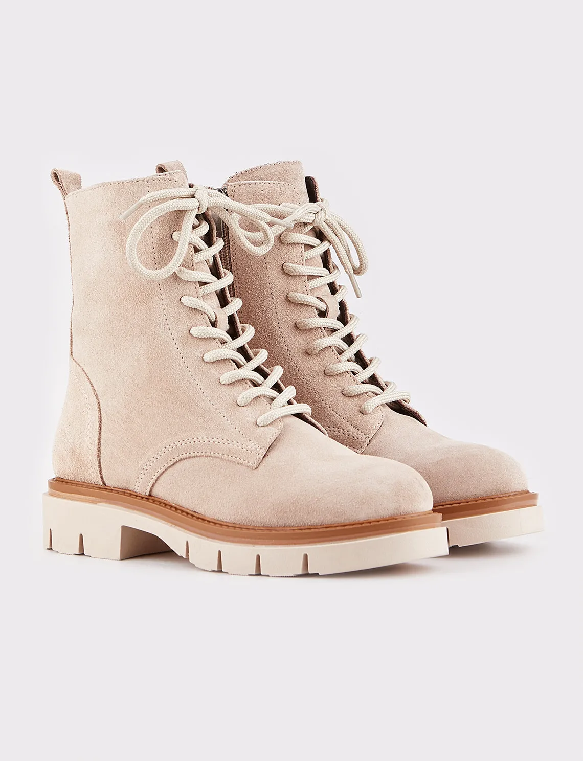 Women Beige Suede Genuine Leather Combat Boots