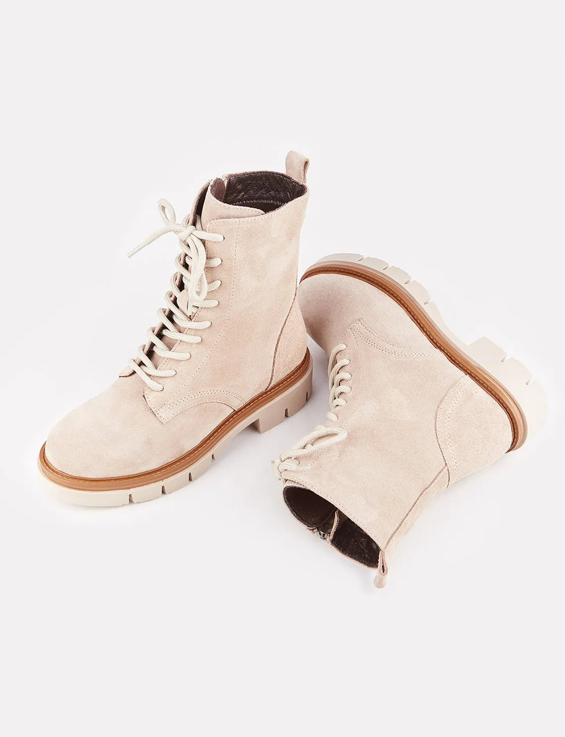 Women Beige Suede Genuine Leather Combat Boots