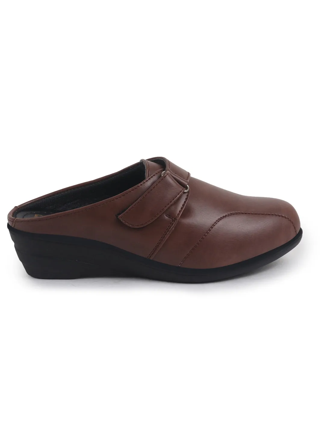 Women Brown Back Open Formal Slip On Flatform Heel Wedges with Hook and Loop|Adjustable Strap Shoes|Office Meetings