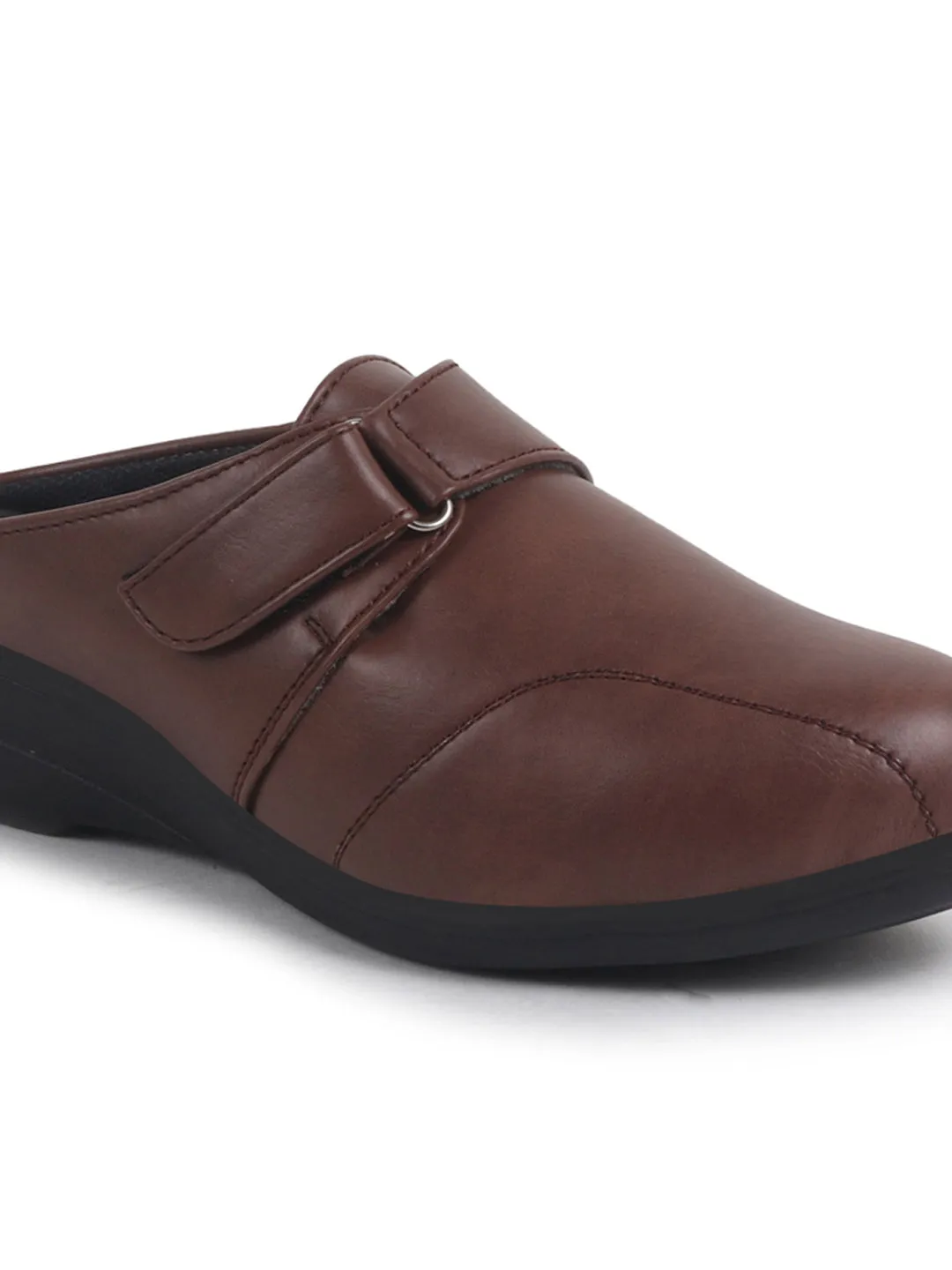 Women Brown Back Open Formal Slip On Flatform Heel Wedges with Hook and Loop|Adjustable Strap Shoes|Office Meetings