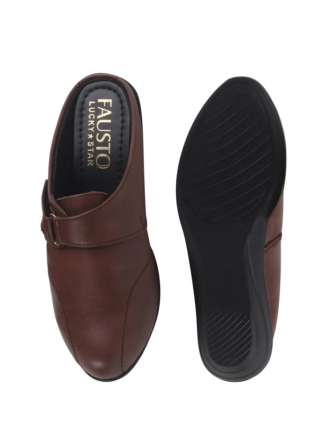 Women Brown Back Open Formal Slip On Flatform Heel Wedges with Hook and Loop|Adjustable Strap Shoes|Office Meetings
