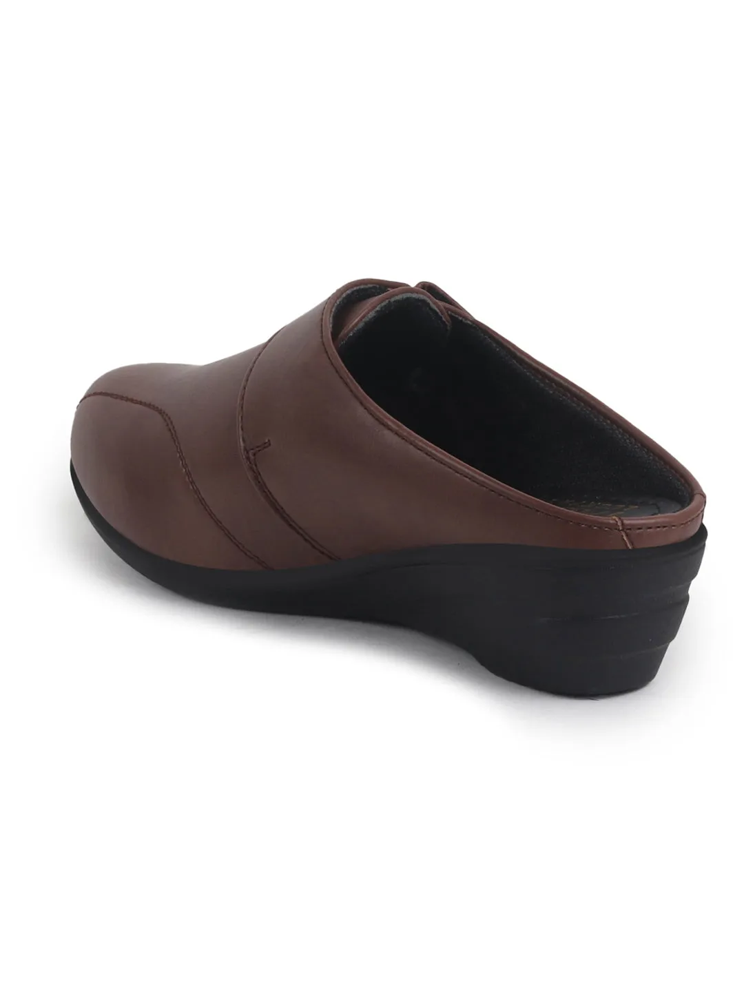 Women Brown Back Open Formal Slip On Flatform Heel Wedges with Hook and Loop|Adjustable Strap Shoes|Office Meetings