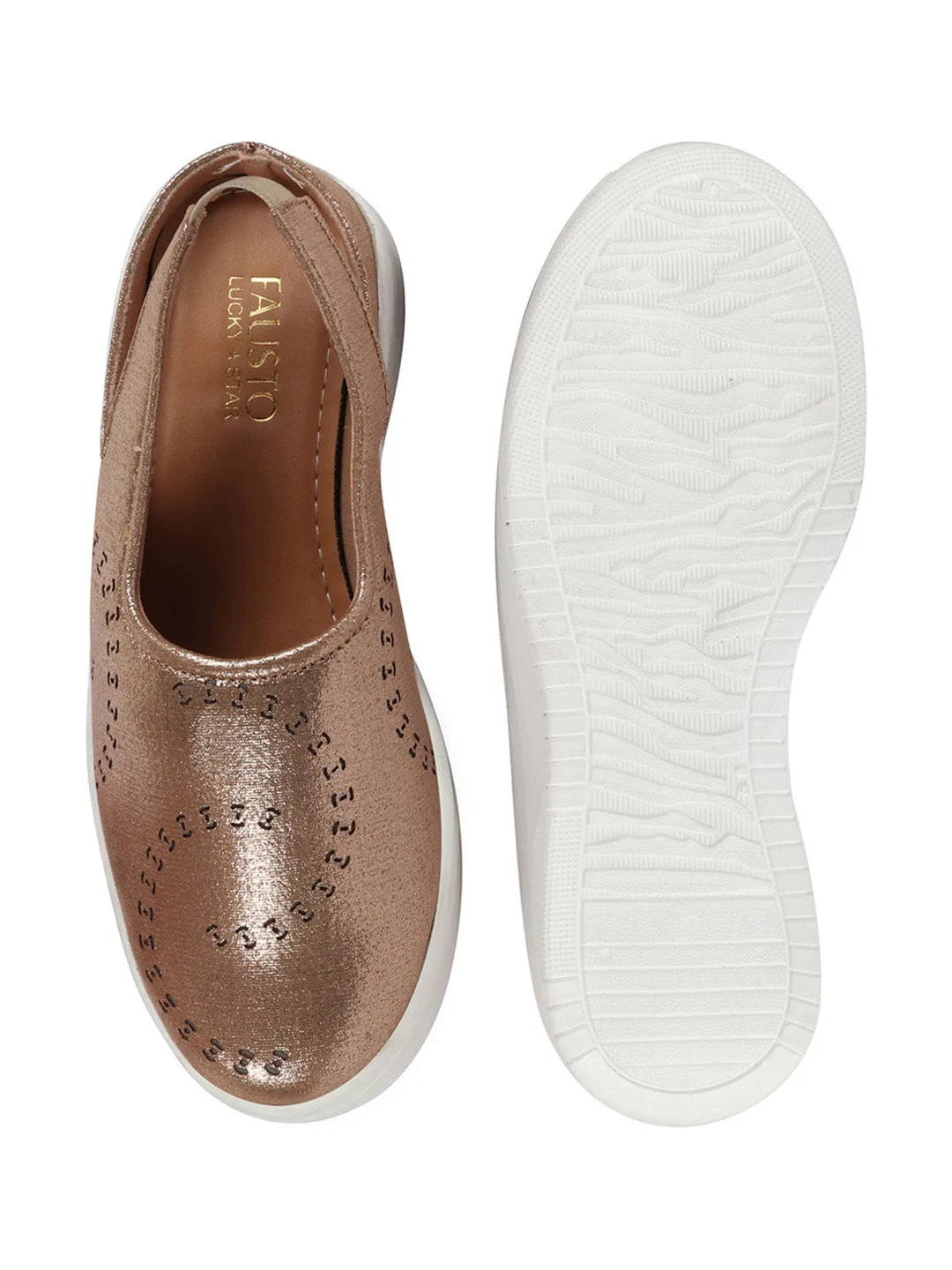 Women Golden Laser Cut Back Strap Flatform Heel Elastic Closure Embellished Slip On Shoes|Stylish|Weekend|Classic Sneaker Shoes