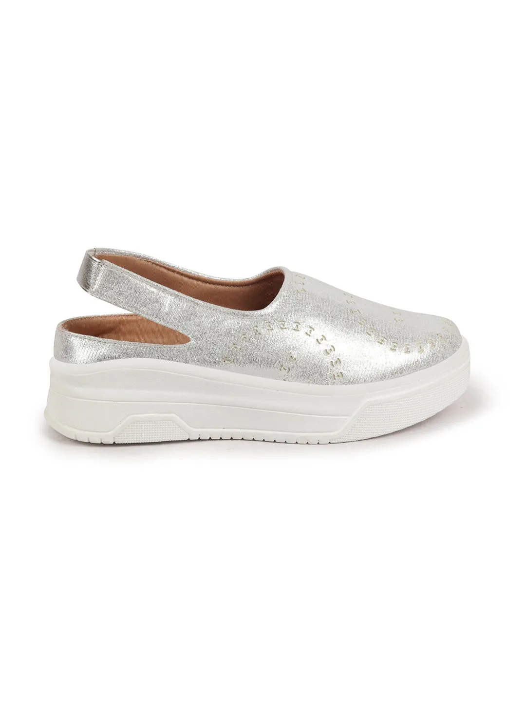 Women Silver Laser Cut Back Strap Flatform Heel Elastic Closure Embellished Slip On Shoes|Stylish|Weekend|Classic Sneaker Shoes