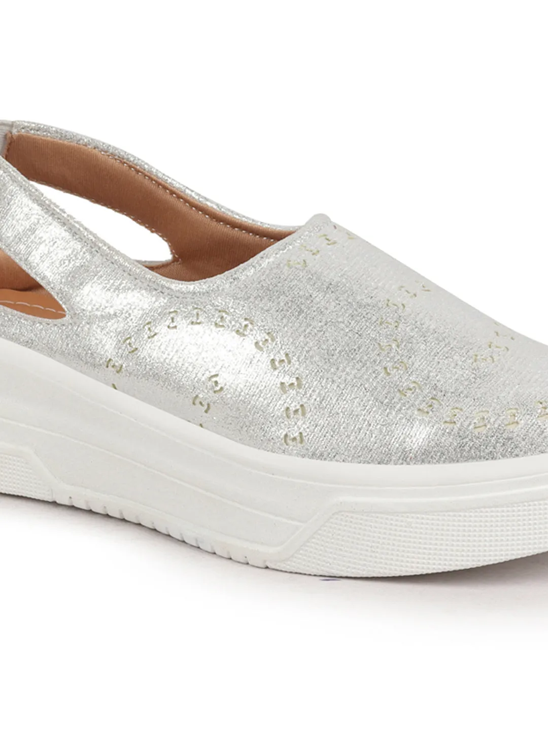 Women Silver Laser Cut Back Strap Flatform Heel Elastic Closure Embellished Slip On Shoes|Stylish|Weekend|Classic Sneaker Shoes