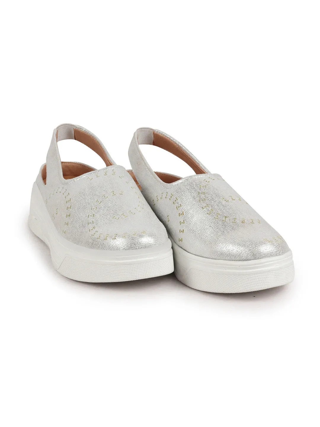 Women Silver Laser Cut Back Strap Flatform Heel Elastic Closure Embellished Slip On Shoes|Stylish|Weekend|Classic Sneaker Shoes
