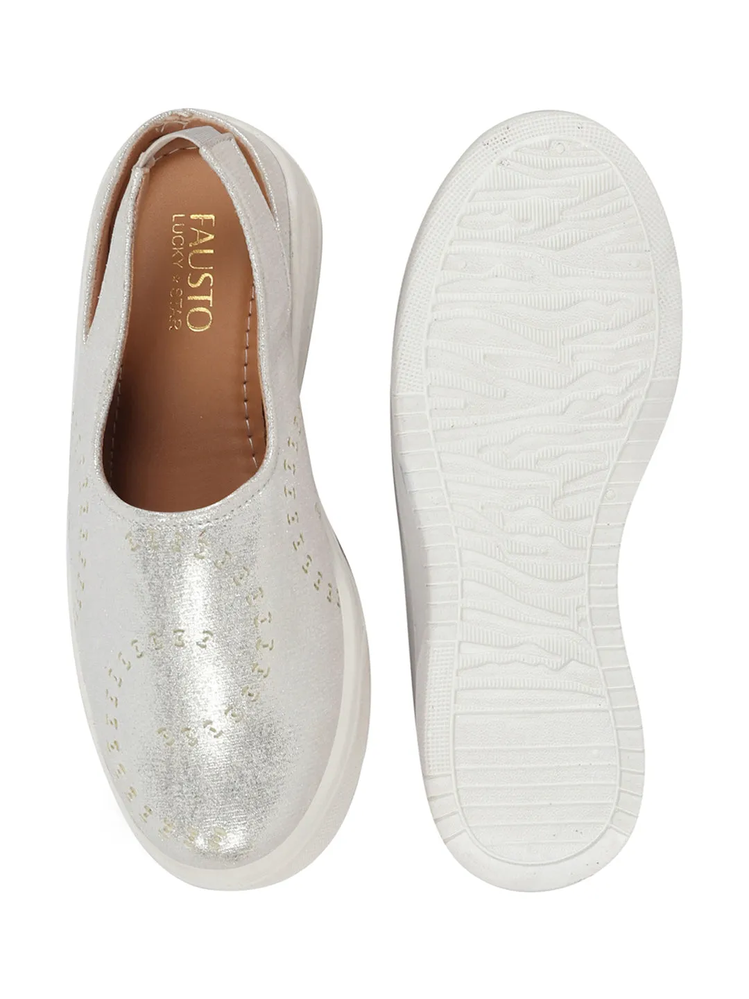Women Silver Laser Cut Back Strap Flatform Heel Elastic Closure Embellished Slip On Shoes|Stylish|Weekend|Classic Sneaker Shoes