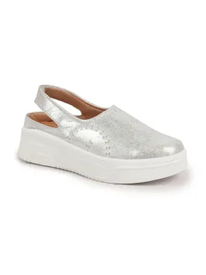 Women Silver Laser Cut Back Strap Flatform Heel Elastic Closure Embellished Slip On Shoes|Stylish|Weekend|Classic Sneaker Shoes