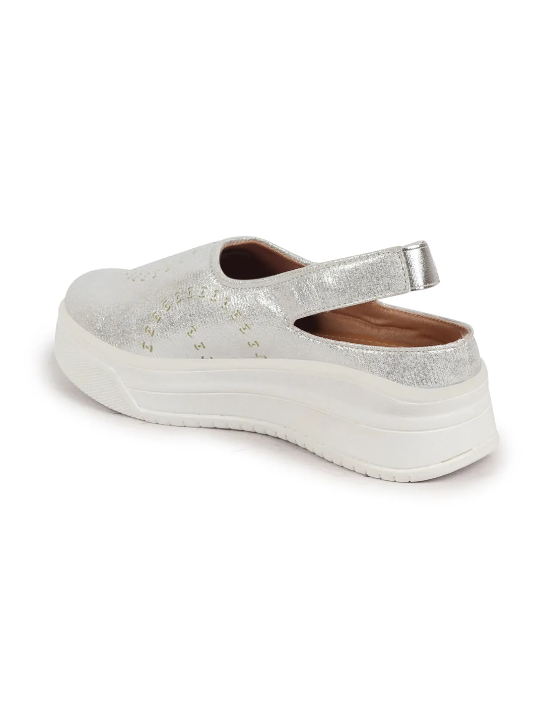 Women Silver Laser Cut Back Strap Flatform Heel Elastic Closure Embellished Slip On Shoes|Stylish|Weekend|Classic Sneaker Shoes