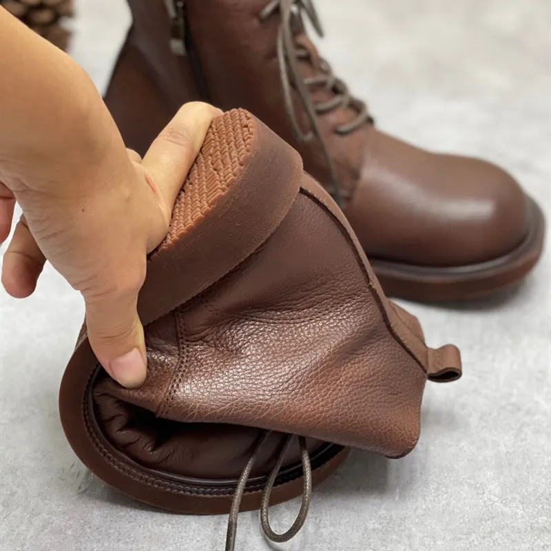 Womens Genuine Leather Ankle Boots Wide Toe Box Lace up Flat Boots