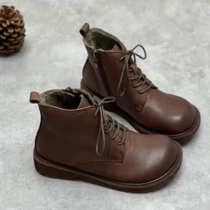 Womens Genuine Leather Ankle Boots Wide Toe Box Lace up Flat Boots