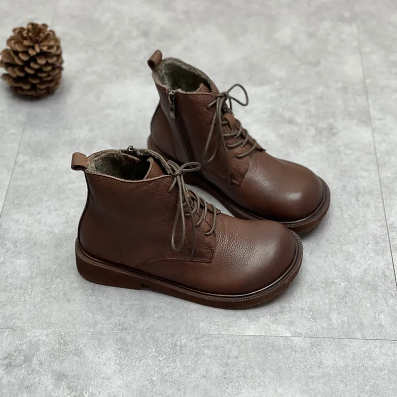 Womens Genuine Leather Ankle Boots Wide Toe Box Lace up Flat Boots
