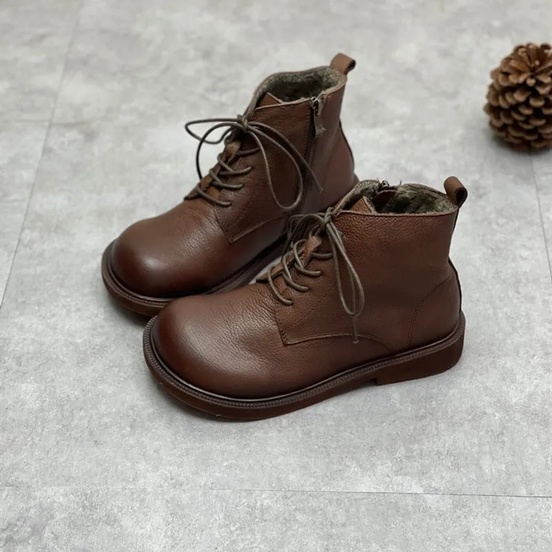 Womens Genuine Leather Ankle Boots Wide Toe Box Lace up Flat Boots