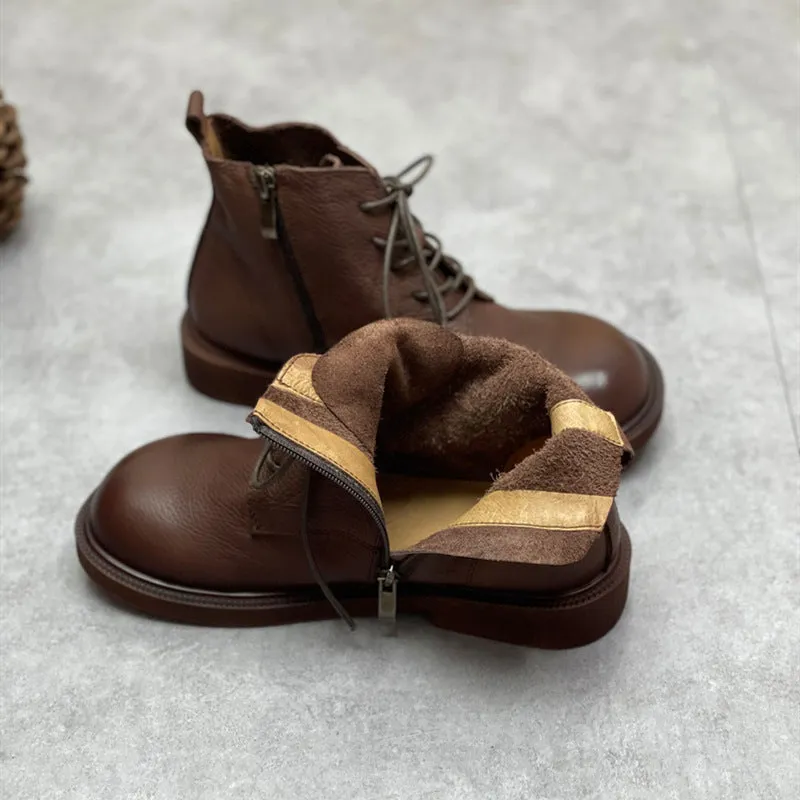 Womens Genuine Leather Ankle Boots Wide Toe Box Lace up Flat Boots