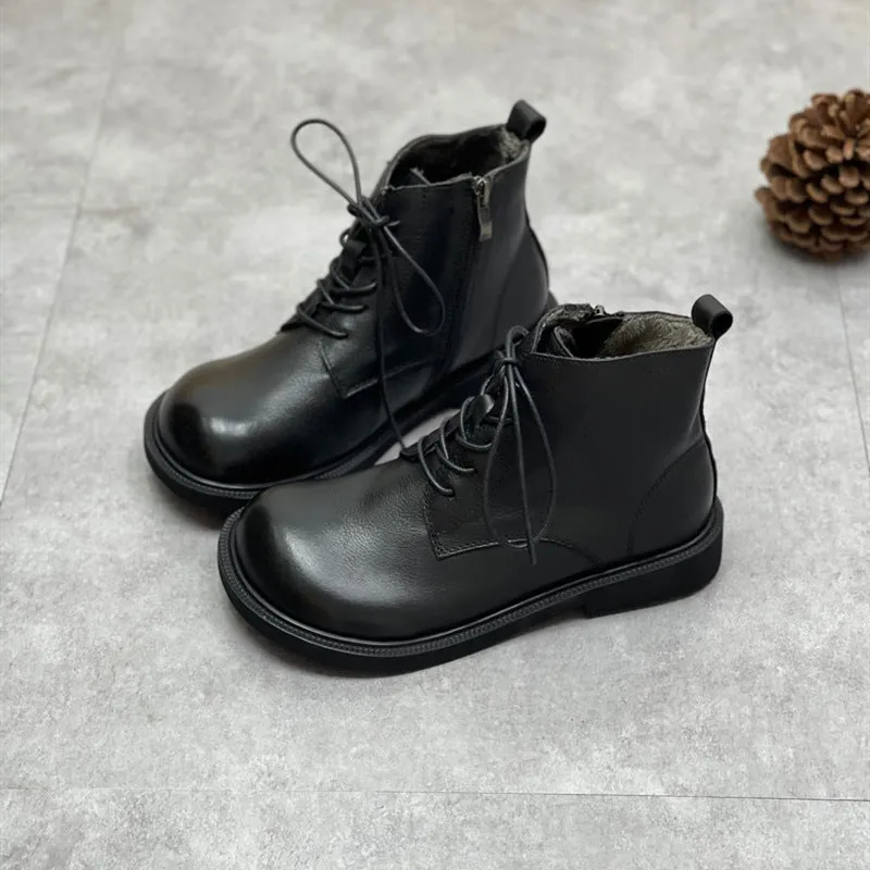 Womens Genuine Leather Ankle Boots Wide Toe Box Lace up Flat Boots