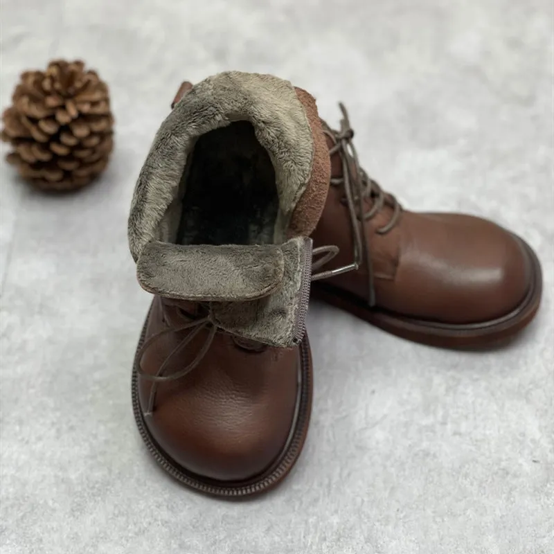 Womens Genuine Leather Ankle Boots Wide Toe Box Lace up Flat Boots