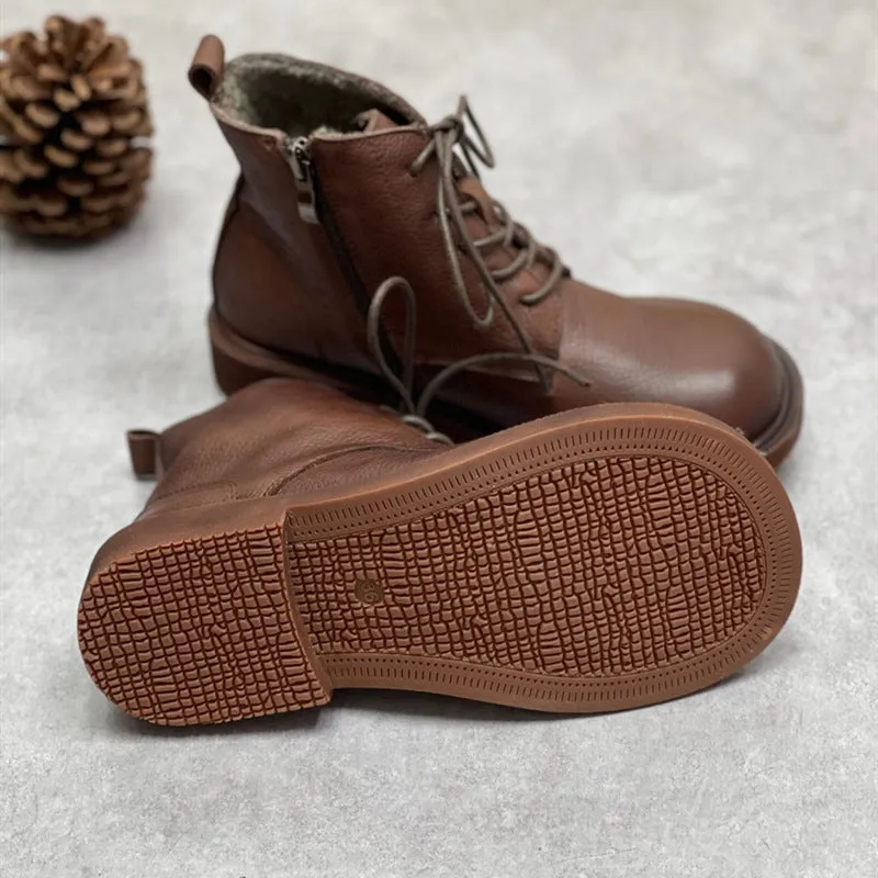 Womens Genuine Leather Ankle Boots Wide Toe Box Lace up Flat Boots