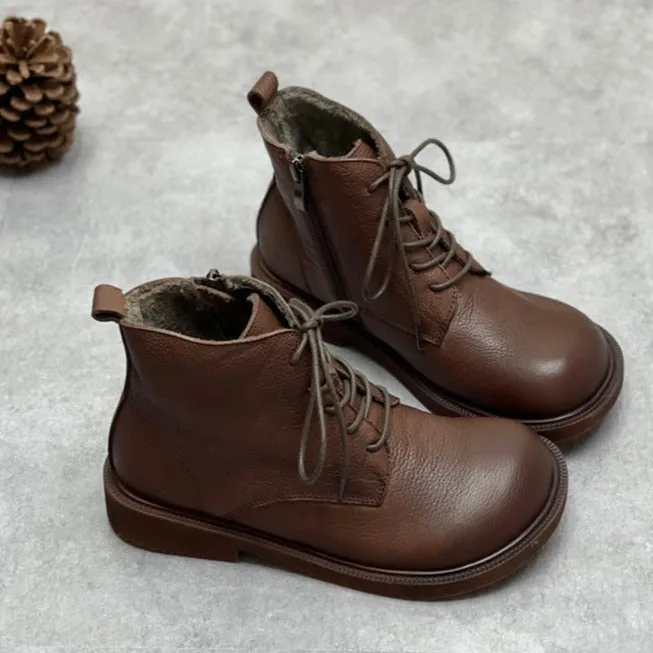 Womens Genuine Leather Ankle Boots Wide Toe Box Lace up Flat Boots